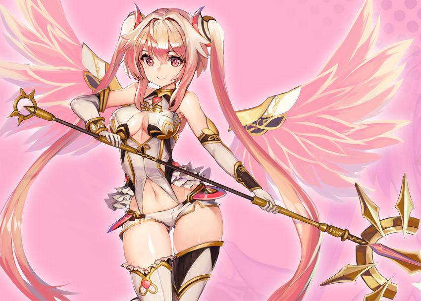 1girl, armlet, bare_shoulders, blonde_hair, cleavage_cutout, detached_sleeves, long_hair, navel, original, paintale, pink_background, pink_eyes, pink_wings, smile, solo, staff, thigh-highs, thigh_gap, twintails, wings
