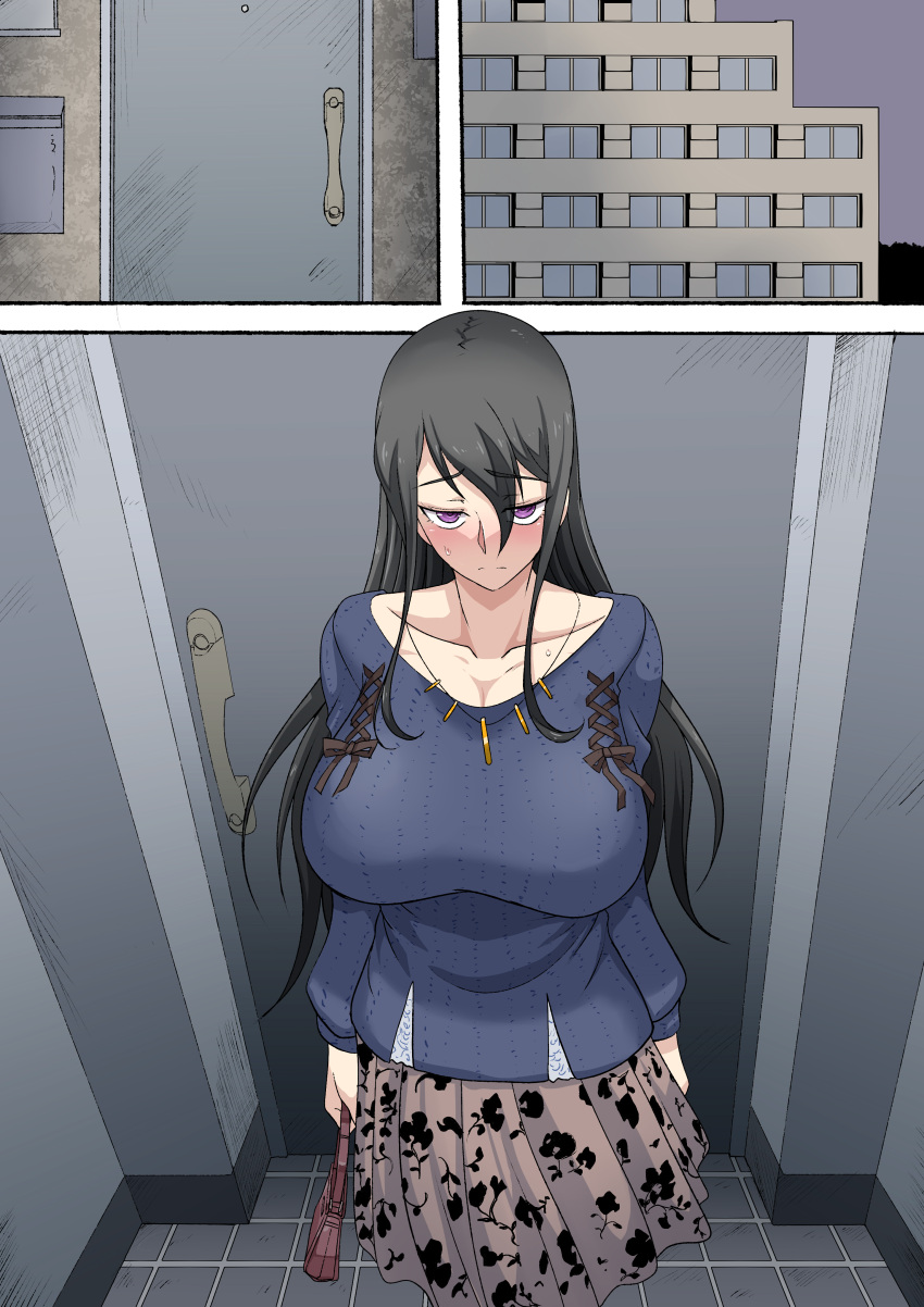 1girl, 3koma, absurdres, apartment, bag, bangs, black_hair, blue_sweater, blush, breasts, brown_ribbon, closed_mouth, collarbone, comic, door, doorway, hair_between_eyes, handbag, highres, holding_handbag, indoors, jewelry, large_breasts, long_hair, long_skirt, looking_at_viewer, mature, necklace, original, ribbon, skirt, standing, sweatdrop, sweater, tile_floor, tiles, violet_eyes, zasshu_nigou