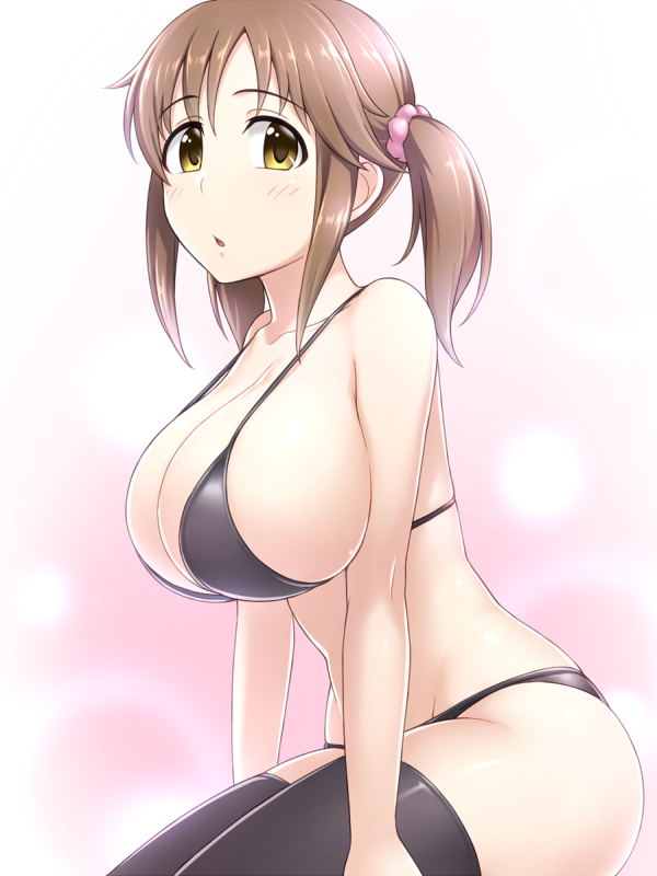 1girl, bikini, black_bikini, blush, breasts, brown_hair, collarbone, commentary, eyebrows_visible_through_hair, from_side, groin, hair_ornament, hair_scrunchie, idolmaster, idolmaster_cinderella_girls, large_breasts, looking_at_viewer, medium_hair, open_mouth, pataniito, pink_background, scrunchie, sideboob, simple_background, solo, strap_gap, swimsuit, thigh-highs, totoki_airi, twintails, yellow_eyes