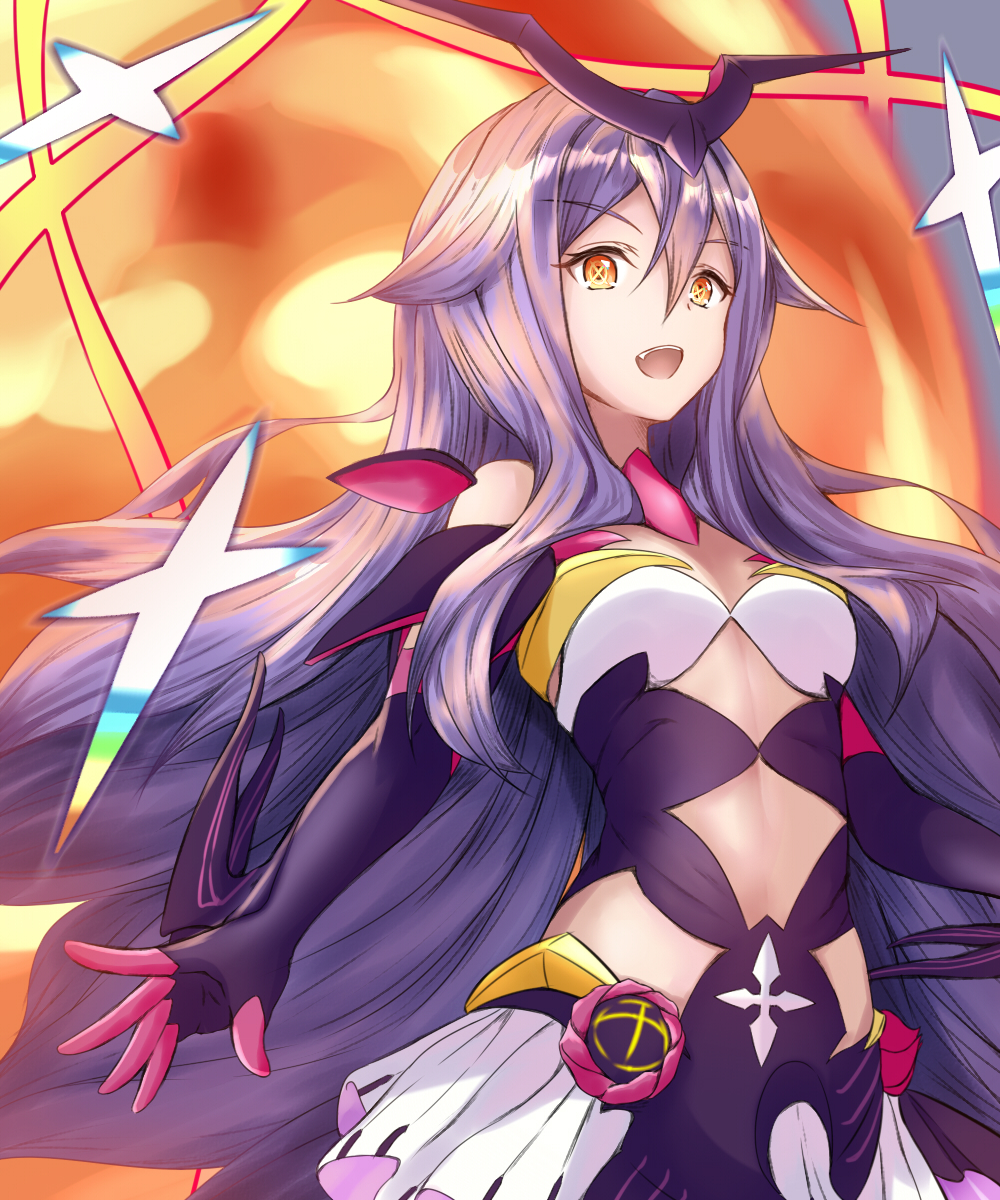 1girl, :d, bangs, bare_shoulders, breasts, center_opening, character_request, elbow_gloves