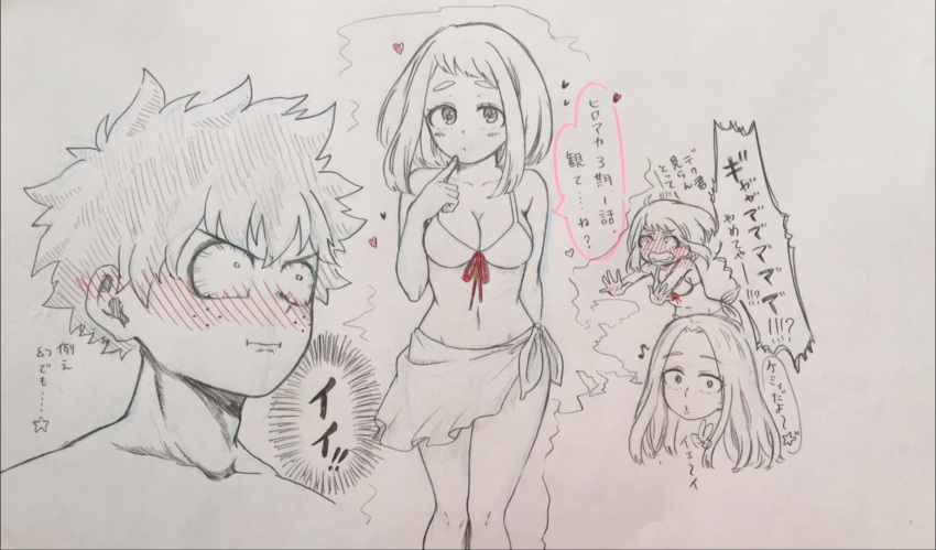 !!?, 1boy, 2girls, :o, bikini, blush, boku_no_hero_academia, breasts, cleavage, embarrassed, finger_to_mouth, freckles, front-tie_bikini, front-tie_top, full-face_blush, heart, highres, horoyoi_(kkcp4442), illusion, large_breasts, long_hair, messy_hair, midoriya_izuku, midriff, multiple_girls, musical_note, navel, sarong, short_hair, sidelocks, speech_bubble, spot_color, swimsuit, translation_request, uraraka_ochako, utsushimi_kemii, v