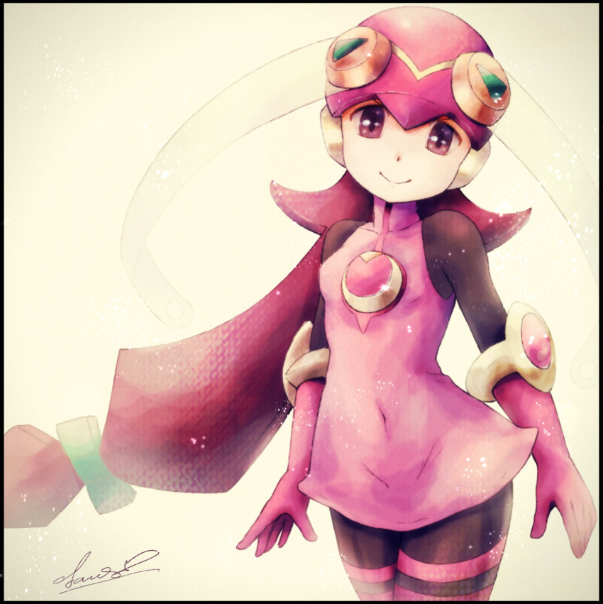 black_border, border, breasts, brown_eyes, covered_navel, cowboy_shot, dress, elbow_gloves, gloves, head_tilt, helmet, highres, long_hair, looking_at_viewer, low-tied_long_hair, pink_gloves, rockman, rockman_exe, roll_exe, sakurai_meiru, short_dress, signature, skin_tight, small_breasts, smile, solo, standing, suama-yuki