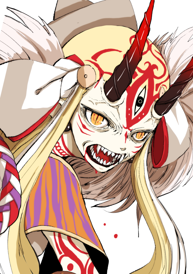 blonde_hair, blood, blood_in_mouth, boushi-ya, fangs, fate/grand_order, fate_(series), horns, ibaraki_douji_(fate/grand_order), oni, scowl, sharp_teeth, slit_pupils, teeth, yellow_eyes