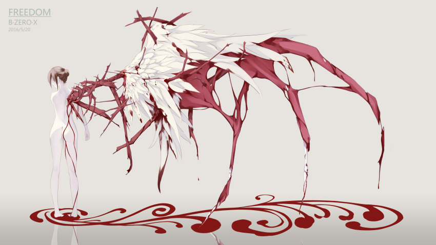1girl, 2016, angel_wings, blood, blood_drip, bloody_wings, bolt, bone, brown_hair, bzerox, dated, dripping, grey_background, hair_bun, highres, injury, looking, mechanical_wings, nut, original, pool_of_blood, reflection, simple_background, solo, standing, wings