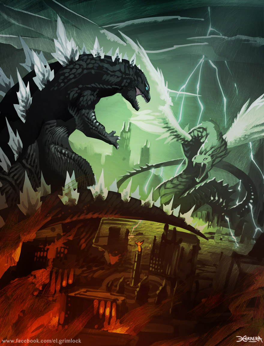 angel, angel_de_la_independencia, battle, building, city, claws, commentary, crossover, duel, english_commentary, epic, fang, fire, godzilla, godzilla_(series), kaijuu, lightning, mauricio_herrera, mexico, mexico_city, monster, original, quetzalcoatl, rain, realistic, road, ruins, science_fiction, signature, spikes, square, statue, street, when_you_see_it