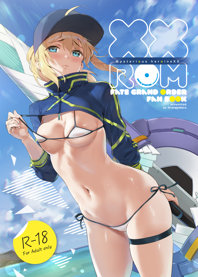 1girl, ahoge, artoria_pendragon_(all), baseball_cap, bikini, bikini_pull, blonde_hair, blue_eyes