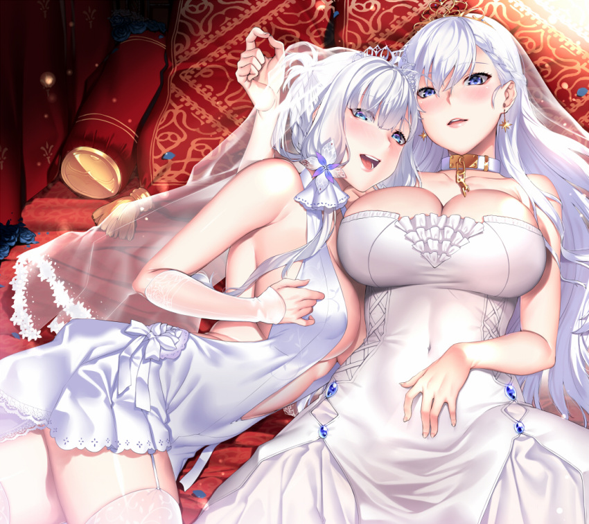 2girls, azur_lane, bare_shoulders, belfast_(azur_lane), blue_eyes, braid, breasts, cleavage