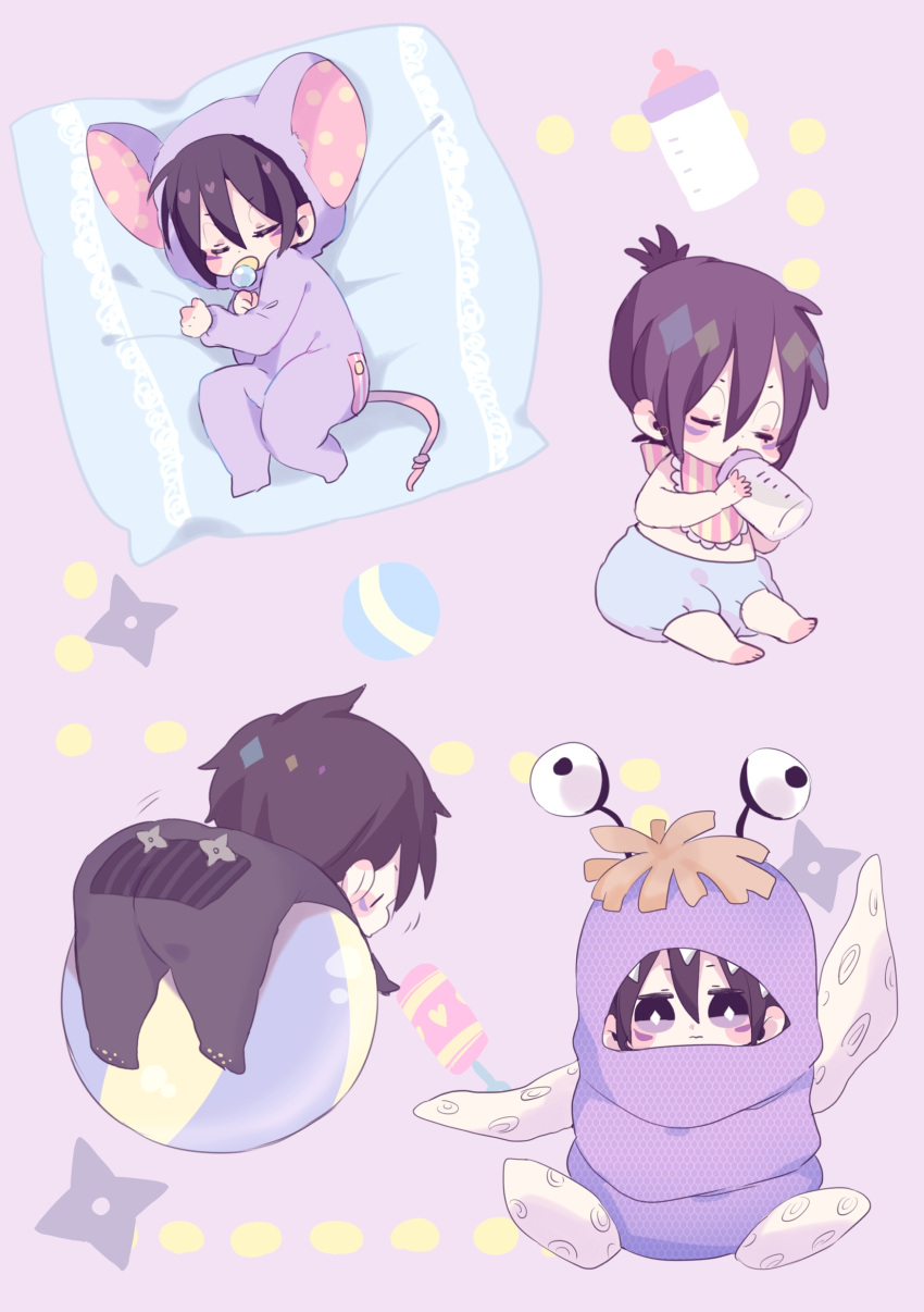 1boy, :3, absurdres, animal_costume, baby, baby_bottle, black_hair, bottle