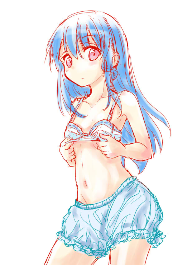 1girl, :/, armpit_crease, armpits, bangs, bare_arms, bare_legs, bare_shoulders