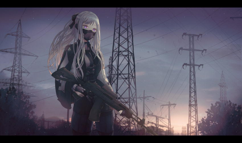 1girl, absurdres, ak-12, ak-12_(girls_frontline), assault_rifle, bangs, black_gloves, black_ribbon
