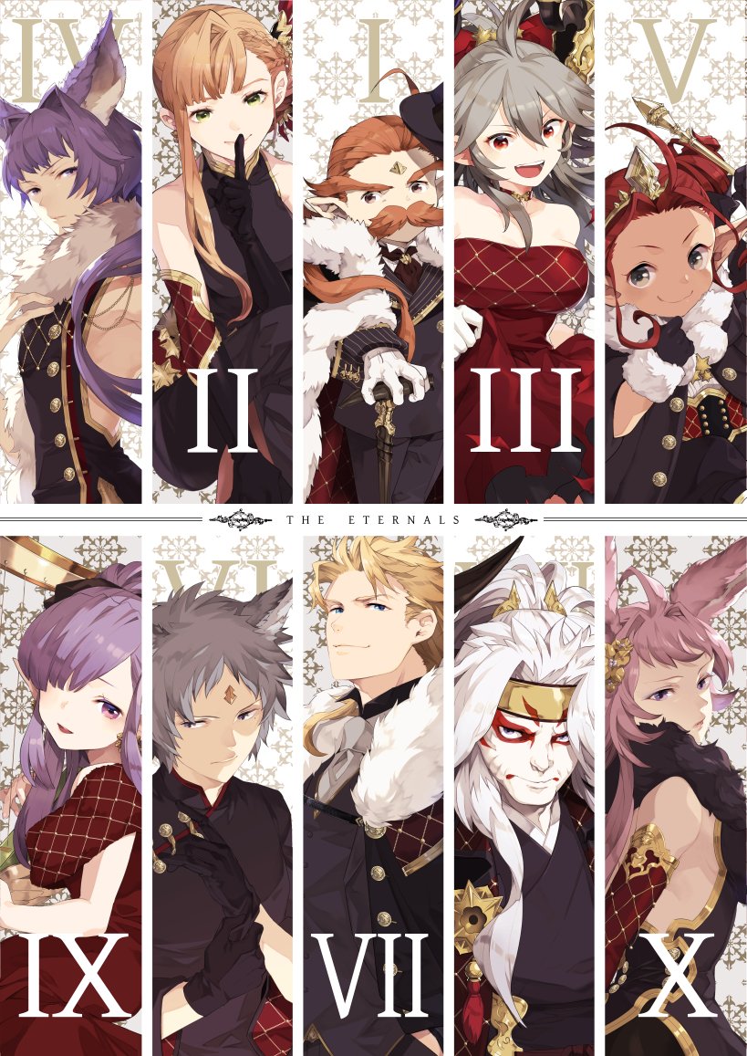 5boys, 5girls, ahoge, bare_shoulders, black_gloves, blonde_hair, blue_eyes, brown_eyes