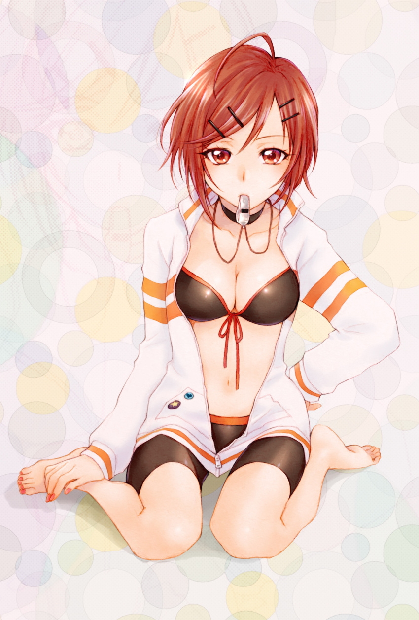 1girl, ahoge, aizen_(syoshiyuki), bangs, barefoot, bike_shorts, black_bikini_top, black_shorts