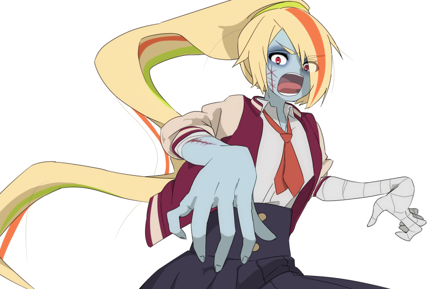 1girl, bandage, blonde_hair, eyebrows_visible_through_hair, eyes_visible_through_hair, facial_scar, hair_over_one_eye, jacket, letterman_jacket, long_hair, looking_at_viewer, multicolored_hair, necktie, nikaidou_saki, outstretched_arms, pettan, ponytail, scar, solo, streaked_hair, zombie, zombie_land_saga, zombie_pose