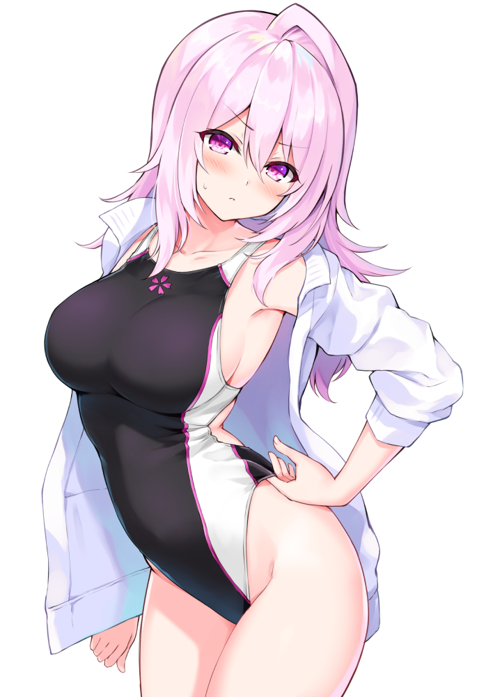 1girl, armpits, bangs, bare_shoulders, black_swimsuit, blush, breasts, closed_mouth