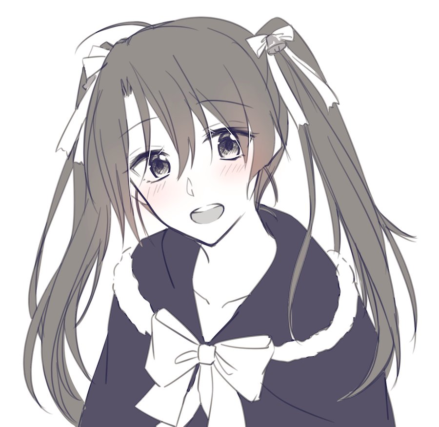 1girl, ahoge, alternate_costume, bell, blush, capelet, collarbone, commentary