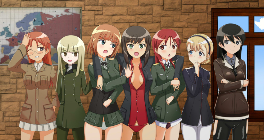 6+girls, adolfine_galland, aqua_eyes, arms_around_neck, beige_jacket, black_hair, black_jacket, black_pants