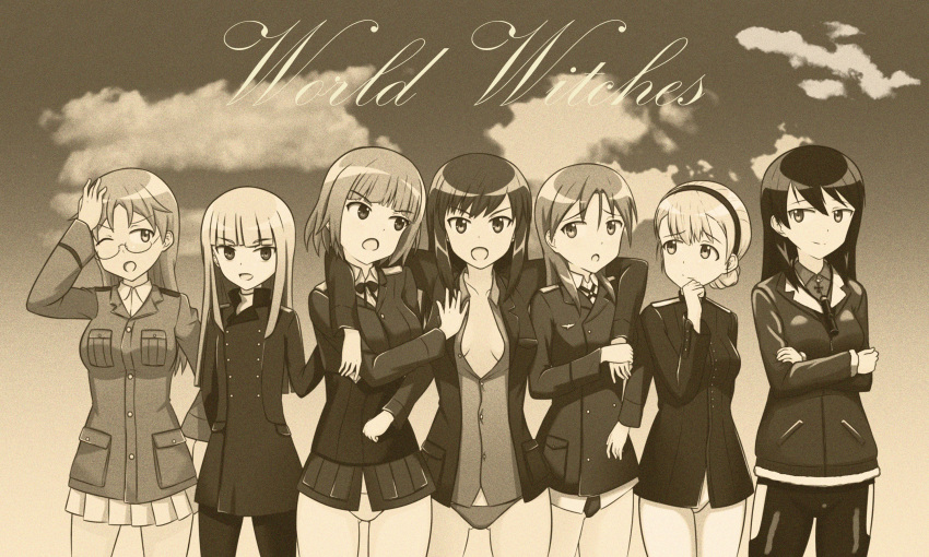 6+girls, adolfine_galland, arms_around_neck, blush, brave_witches, breasts, breasts_apart, clouds