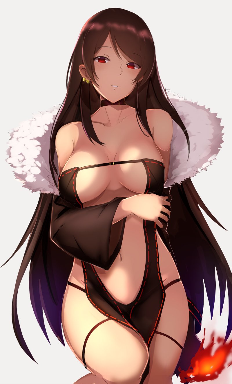 1girl, arm_across_waist, bangs, bare_shoulders, black_dress, breasts, brown_hair, center_opening