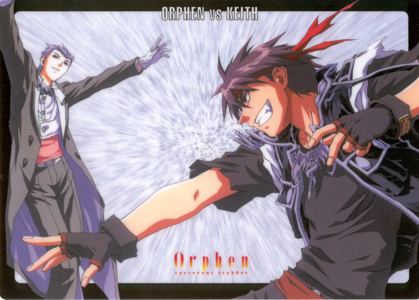 2boys, black_hair, fingerless_gloves, gloves, headband, highres, keith_royal, majutsushi_orphen