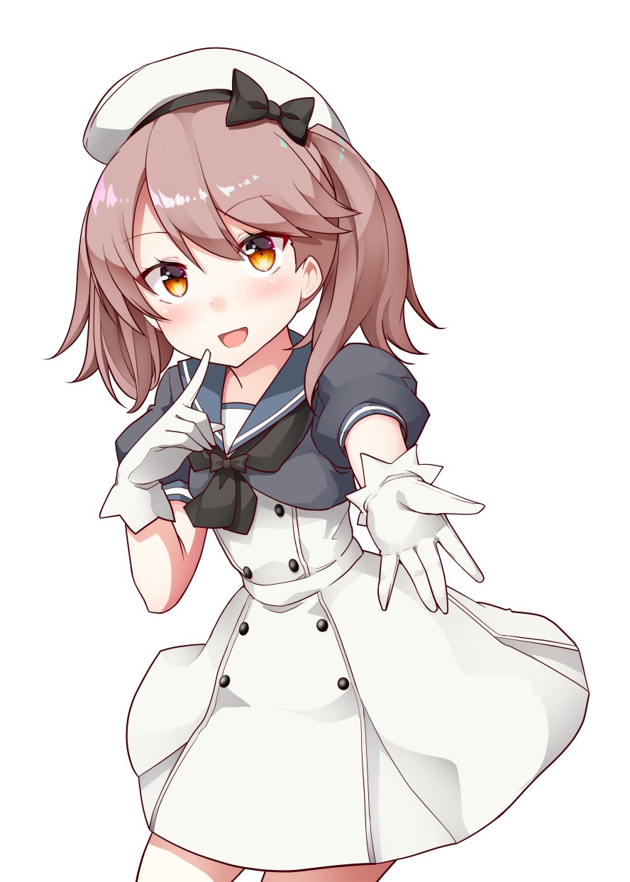 1girl, blue_sailor_collar, brown_eyes, brown_hair, commentary_request, cosplay, cowboy_shot, dress