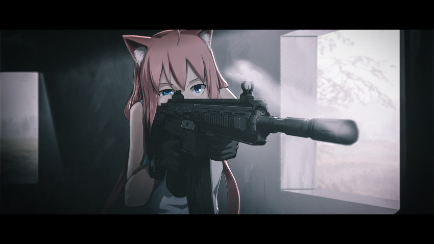1girl, ahoge, aiming, animal_ears, assault_rifle, blue_eyes, cat_ears, commentary_request, gloves, gun, heckler_&amp;_koch, highres, hinata_channel, hk416, holding, holding_gun, holding_weapon, houtinti, letterboxed, nekomiya_hinata, partial_commentary, pink_hair, rifle, smoke, solo, virtual_youtuber, weapon