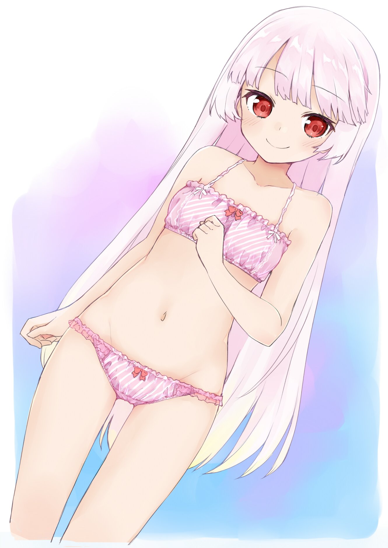 1girl, bangs, bare_arms, bare_shoulders, blush, bow, bow_bra, bow_panties