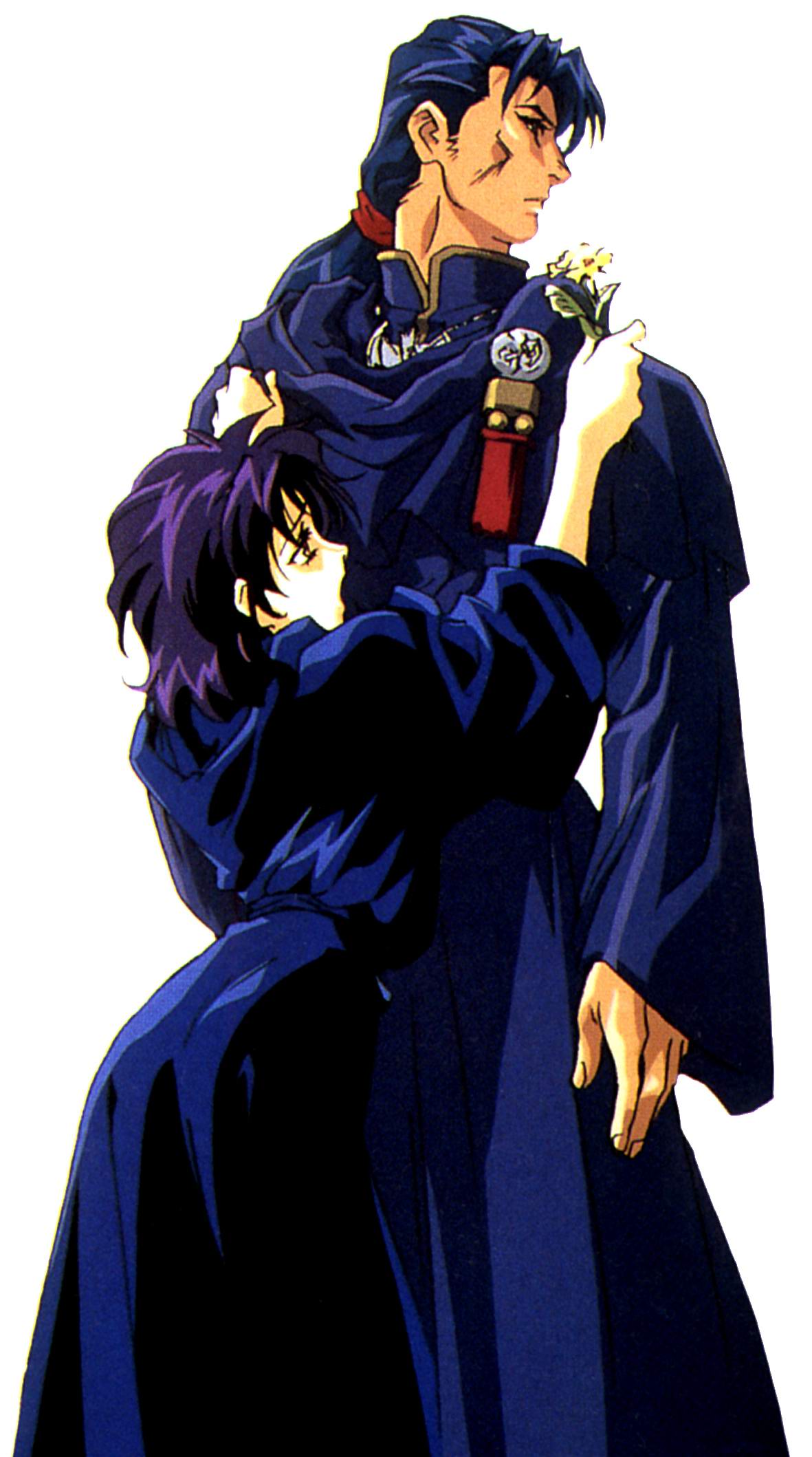 blue_hair, childman_powderfield, flower, highres, long_hair, majutsushi_orphen, ponytail, purple_hair, scan, short_hair