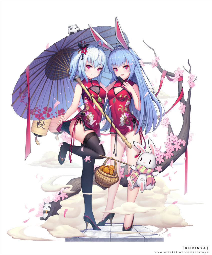 2girls, :d, ahoge, animal, animal_ears, artist_name, bangs, bare_arms, bare_shoulders, basket, bili_girl_22, bili_girl_33, bilibili_douga, black_footwear, black_legwear, blue_hair, blush, breasts, china_dress, chinese_clothes, cleavage, cleavage_cutout, closed_fan, closed_mouth, commentary, dress, eyebrows_visible_through_hair, fake_animal_ears, fan, fingernails, flower, folding_fan, hair_between_eyes, head_tilt, high_heels, highres, holding, holding_fan, holding_umbrella, lantern, long_hair, medium_breasts, multiple_girls, open_mouth, oriental_umbrella, panda, paper_lantern, pink_flower, purple_umbrella, rabbit, rabbit_ears, red_dress, red_eyes, rorinya, scarf, see-through, shoes, sleeveless, sleeveless_dress, smile, smoke, standing, standing_on_one_leg, thigh-highs, two_side_up, umbrella, very_long_hair, watermark, web_address, white_background
