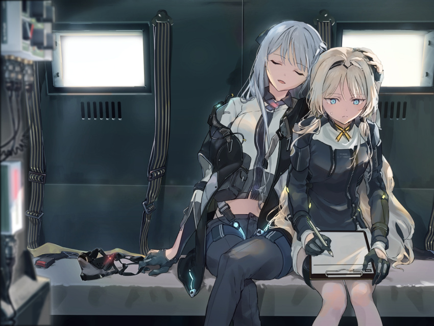 2girls, ak-12_(girls_frontline), an-94_(girls_frontline), bangs, blonde_hair, blue_eyes, closed_mouth, commentary_request