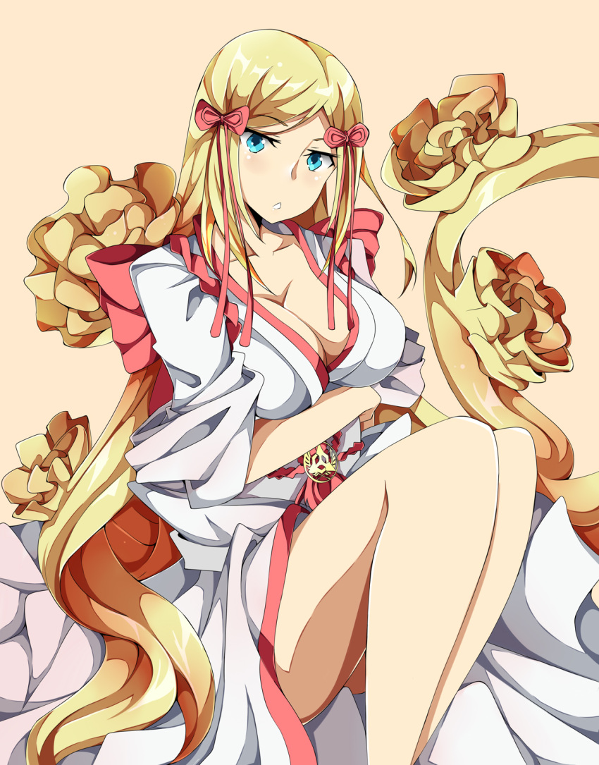 1girl, alternate_hairstyle, bangs, bare_legs, blonde_hair, blue_eyes, bow, breasts, chestnut_mouth, cleavage, cosplay, flower, guilty_gear, hair_bow, hair_flower, hair_ornament, highres, japanese_clothes, kimono, large_breasts, legs_together, long_hair, millia_rage, mishima_kazumi, mishima_kazumi_(cosplay), no_bra, olly_(ollycrescent), parted_bangs, prehensile_hair, simple_background, sitting, solo, tekken, tekken_7, very_long_hair, white_kimono