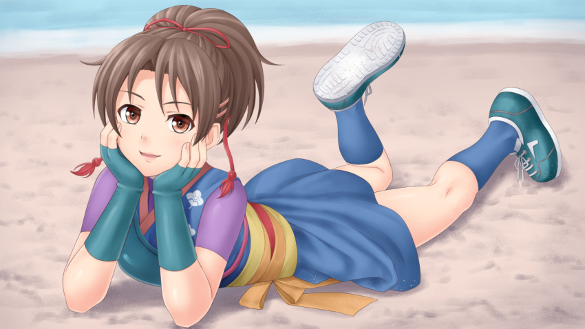 1girl, blue_skirt, blurry, botan_m, breastplate, brown_eyes, brown_hair, chin_rest