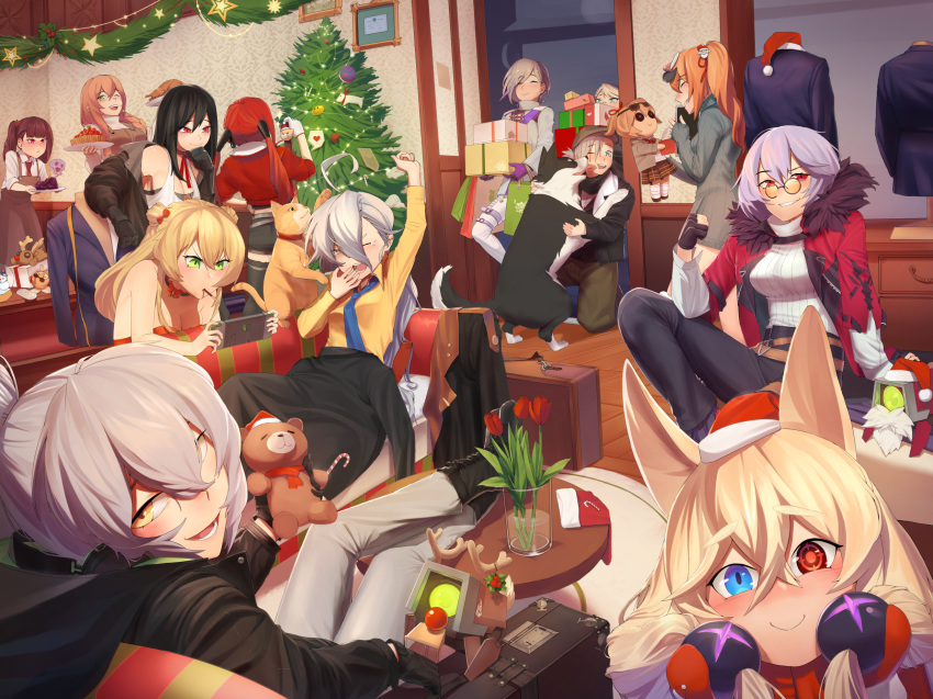 6+girls, aek-999_(girls_frontline), alternate_costume, animal_ears, antlers, cat, character_request, christmas