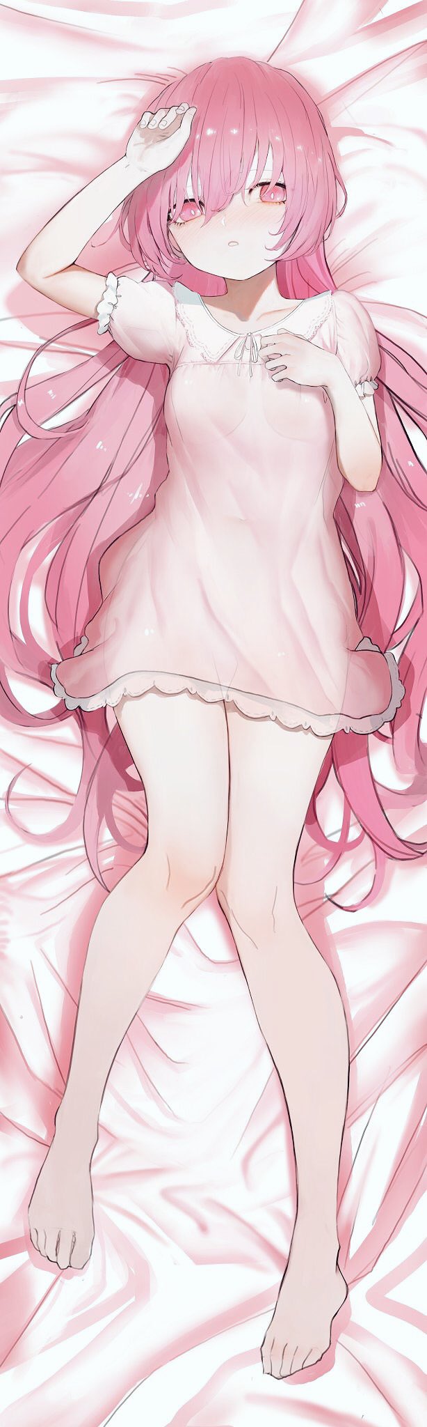 1girl, arm_up, bangs, bare_legs, barefoot, bed_sheet, blush, breasts