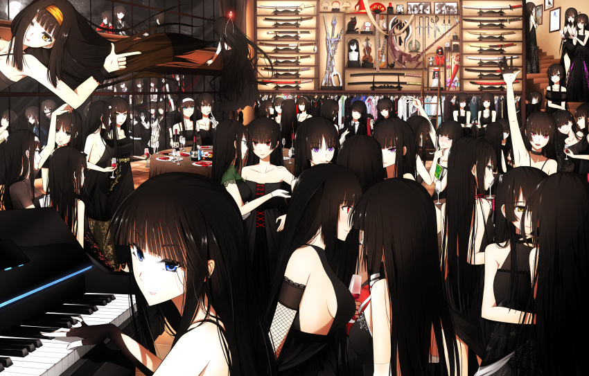 absolutely_everyone, absurdres, black_hair, character_request, copyright_request, dress, evening_gown, everyone