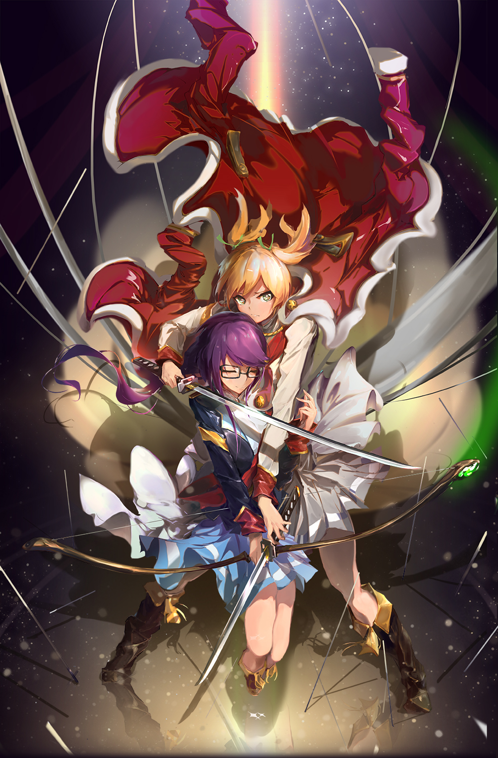 2girls, arrow, blonde_hair, boots, bow_(weapon), closed_eyes, daiba_nana, dual_wielding
