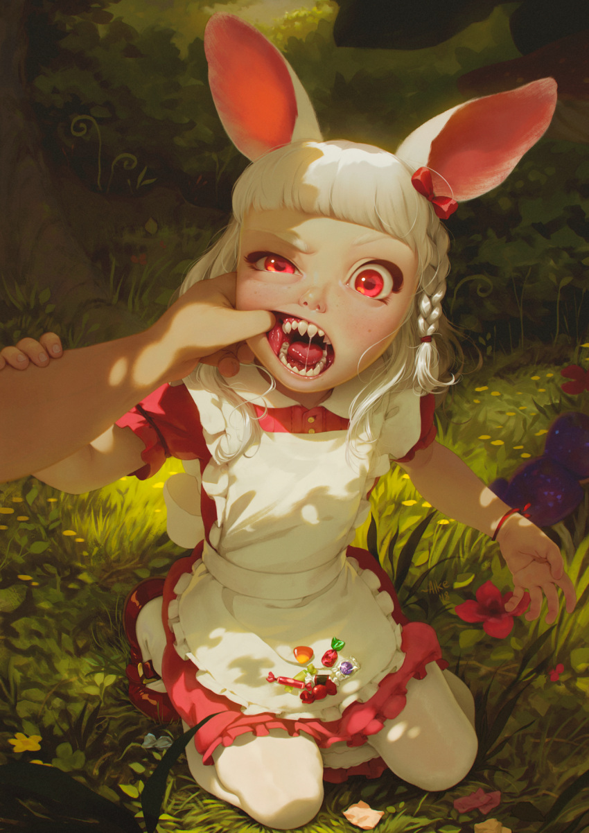 1boy, 1girl, alkemanubis, animal_ears, apron, bracelet, braid, candy