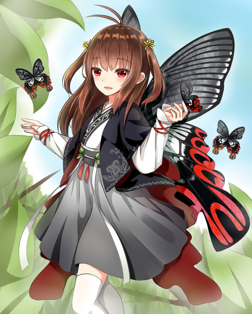 1girl, :d, antenna_hair, bangs, blue_sky, brown_hair, bug, butterfly