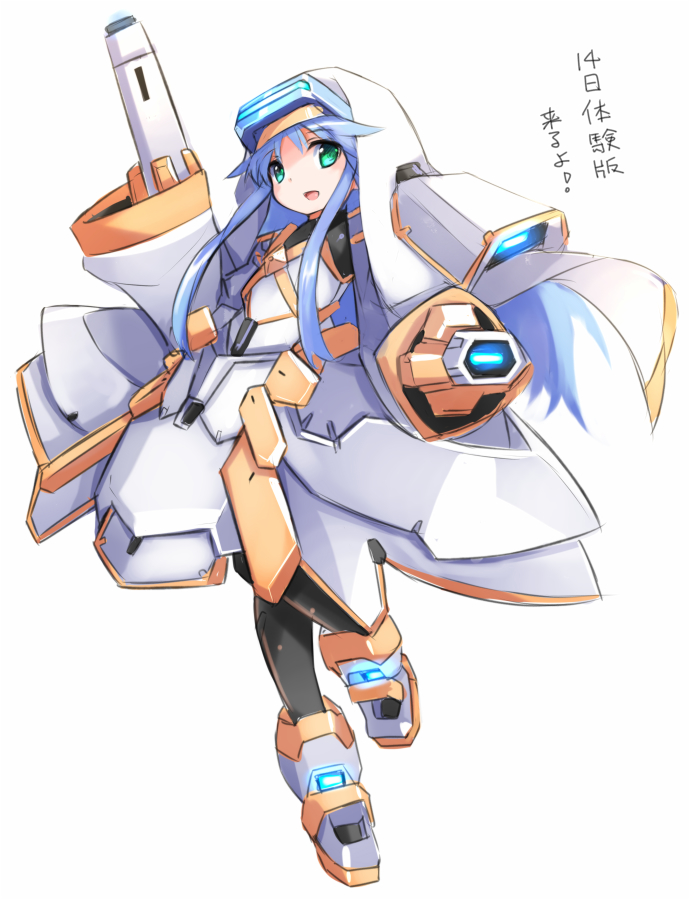 1girl, :d, arm_cannon, bal-bados, blue_hair, full_body, glowing, green_eyes, index, karukan_(monjya), long_hair, looking_at_viewer, mecha_musume, open_mouth, simple_background, smile, solo, standing, standing_on_one_leg, to_aru_majutsu_no_index, to_aru_majutsu_no_virtual-on, translation_request, virtual_on, weapon, white_background