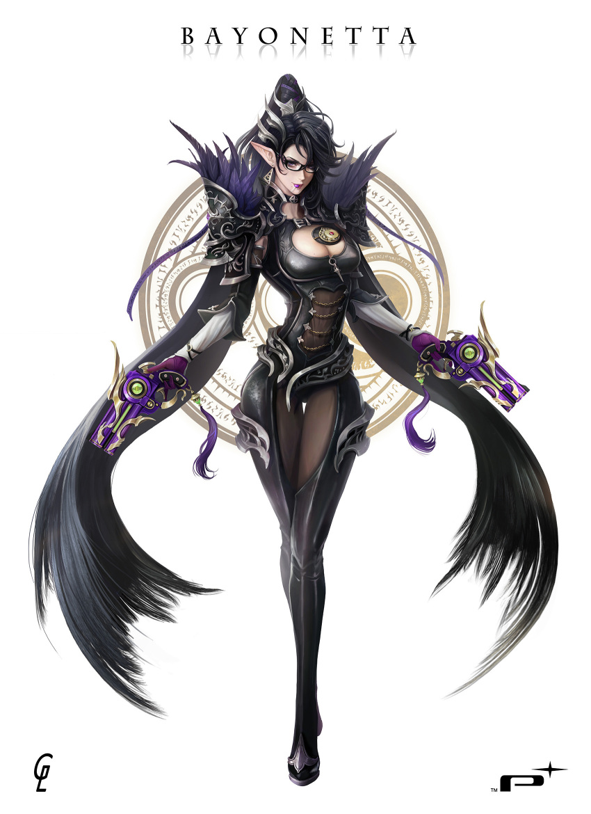 1girl, alternate_costume, amulet, ankle_gun, armor, bayonetta, bayonetta_(character), beehive_hairdo, black_hair, bodysuit, eyeshadow, full_body, gharly, glasses, gun, handgun, highres, jewelry, lips, lipstick, looking_at_viewer, makeup, mole, mole_under_mouth, nintendo, quadruple_wielding, short_hair, smile, solo, super_smash_bros., weapon