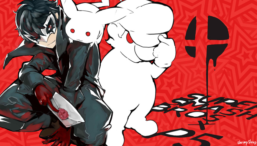 1other, 2boys, adjusting_clothes, adjusting_hat, amamiya_ren, animal, artist_name, atlus