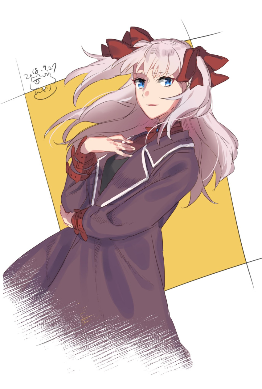 1girl, belt, blue_eyes, bow, breasts, coat, commentary_request, dress