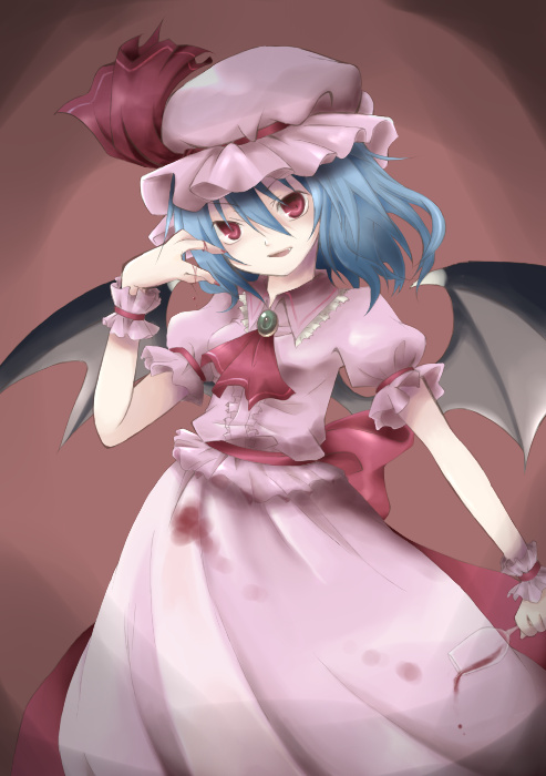 cup, hat, head_tilt, nekomoto, nu_(pixiv), red_eyes, remilia_scarlet, ribbon