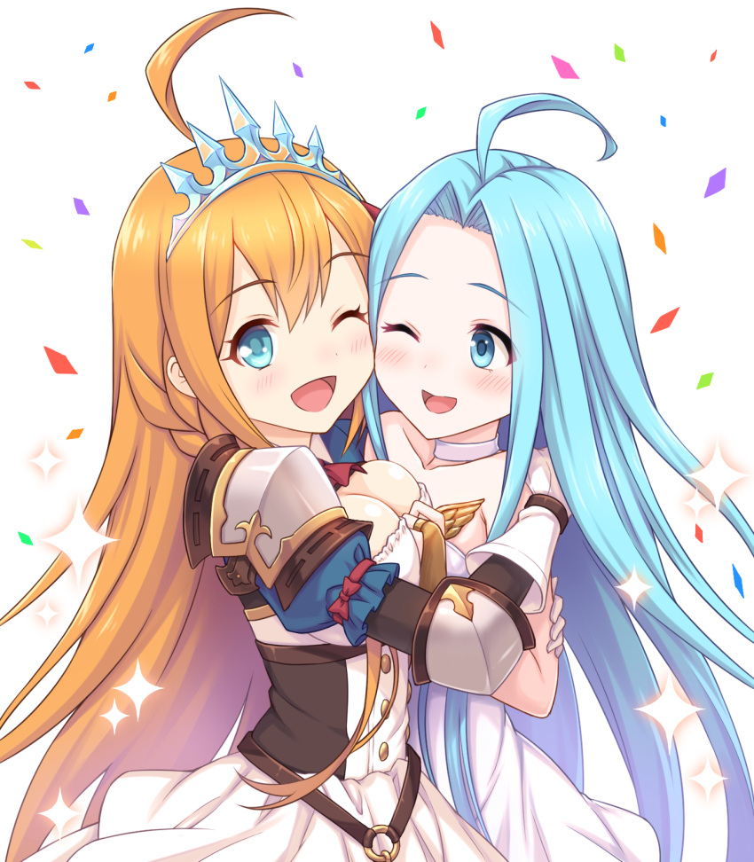 2girls, ;d, ahoge, bangs, blue_eyes, blue_hair, blush, breasts