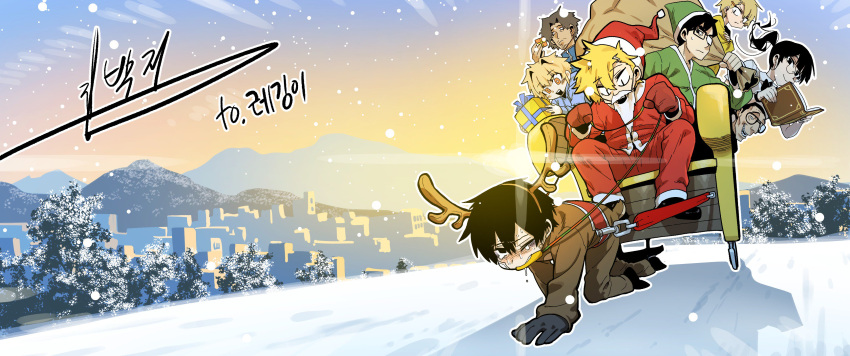 2girls, 6+boys, absurdres, animal_costume, antlers, bags_under_eyes, bandage, black_eyes