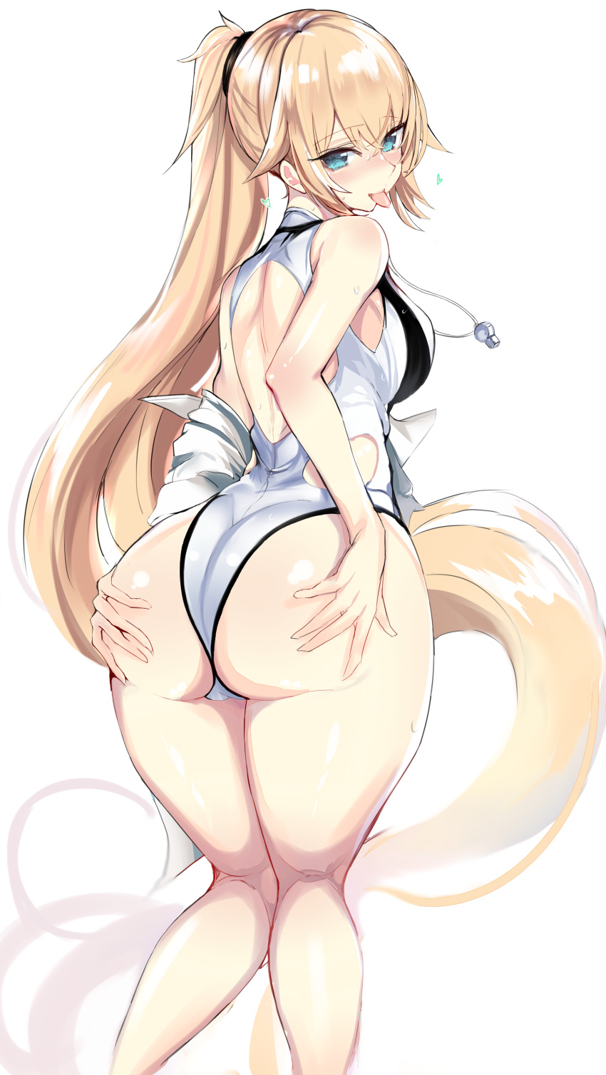 1girl, absurdres, ass, blonde_hair, blue_eyes, blush, breasts, competition_swimsuit, fafas68, fate/grand_order, fate_(series), feet_out_of_frame, from_behind, glasses, highres, huge_ass, jacket, jeanne_d'arc_(fate)_(all), jeanne_d'arc_(swimsuit_archer), large_breasts, long_hair, looking_at_viewer, looking_back, one-piece_swimsuit, open_clothes, open_jacket, ponytail, simple_background, solo, swimsuit, thick_thighs, thighs, tongue, tongue_out, whistle, whistle_around_neck, white_background, white_swimsuit