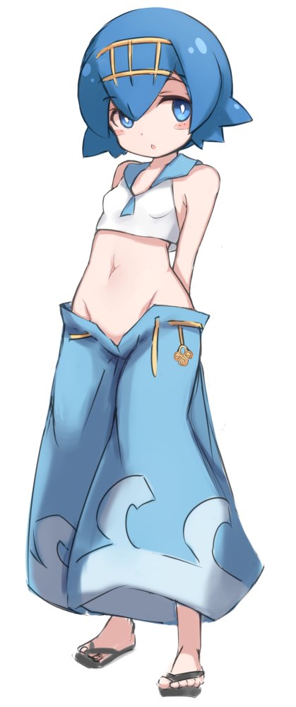 1girl, arms_behind_back, blue_eyes, blue_hair, blue_pants, blush, breasts, chestnut_mouth, creatures_(company), full_body, game_freak, hair_ornament, karukan_(monjya), navel, nintendo, pants, pokemon, short_hair, simple_background, small_breasts, solo, standing, stomach, suiren_(pokemon), white_background