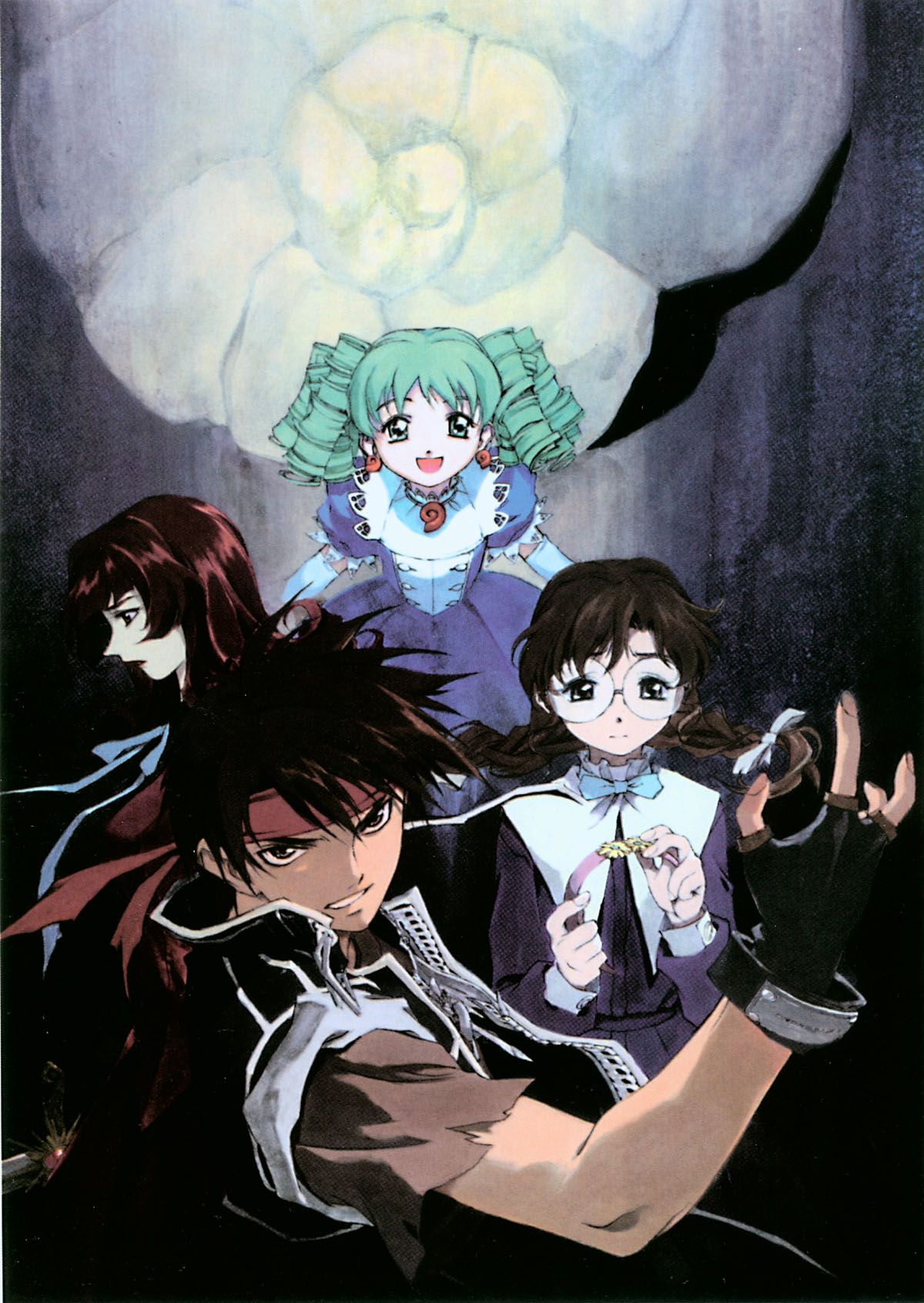 braid, brown_hair, dress, earrings, elkarena, esperanza, fingerless_gloves, glasses, gloves, green_eyes, hairband, headband, highres, jewelry, lycoris_nielsen, majutsushi_orphen, open_mouth, orphen, scan, twin_braids