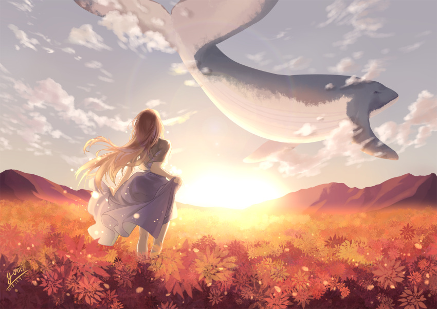 1girl, animal, artist_name, backlighting, brown_hair, clouds, cloudy_sky, dated, facing_away, fantasy, floating_hair, from_behind, grey_sky, highres, light_particles, long_hair, long_skirt, meadow, mountainous_horizon, original, outdoors, plant, scenery, shirt, skirt, skirt_hold, sky, solo, standing, sunlight, sunset, surreal, whale, youzixiaoming