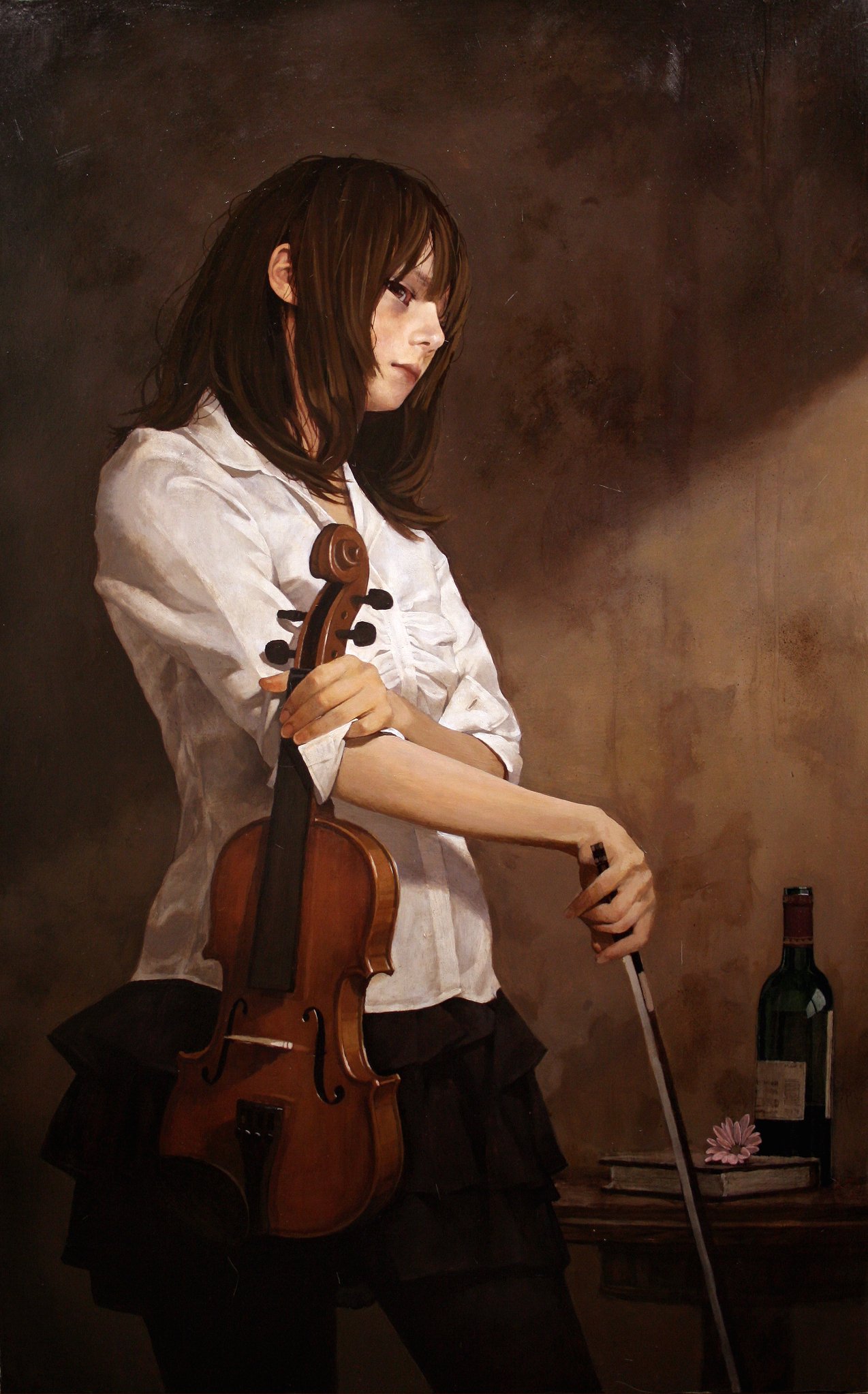 1girl, bangs, book, bottle, brown_hair, dress_shirt, flower, frilled_skirt