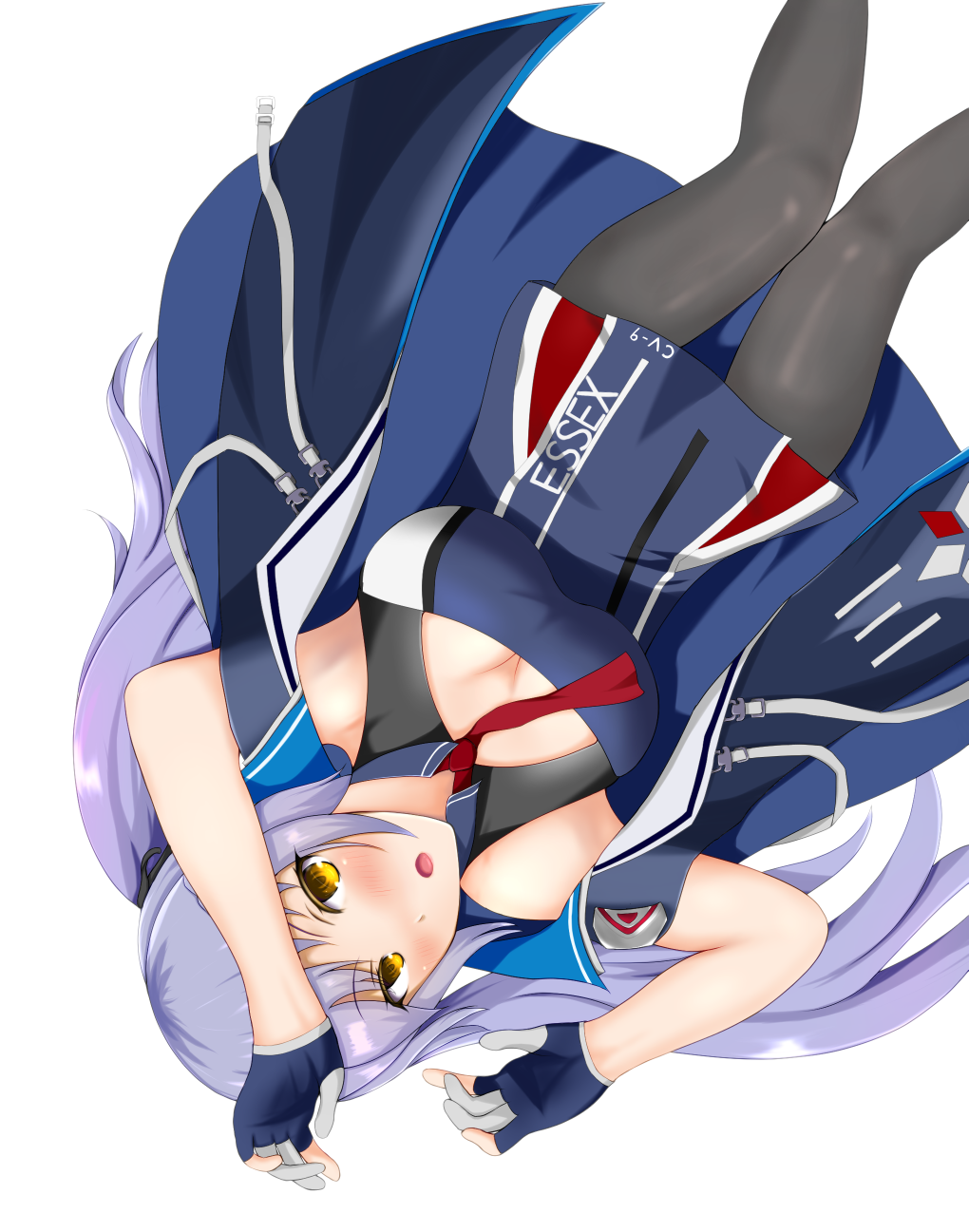 1girl, armpits, arms_up, azur_lane, black_legwear, blue_coat, blush, breasts